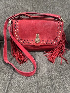 Stuart Weitzman Red Suede Fringe Crossbody with Stud Accents